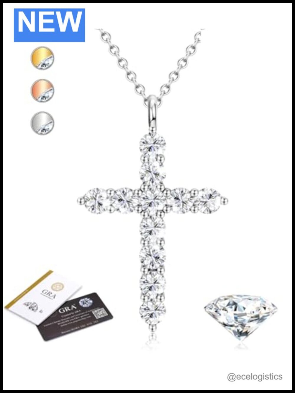 1.1CT Moissanite Cross Necklace 925 Sterling Silver Gold Plated 20in